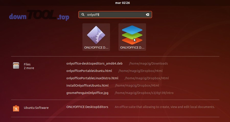 Giao diện tìm và chạy ONLYOFFICE Desktop Editors trên Ubuntu (minh hoạ)
