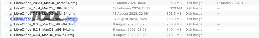 Danh sách file DMG LibreOffice tải về trên macOS - ví dụ thư mục Downloads