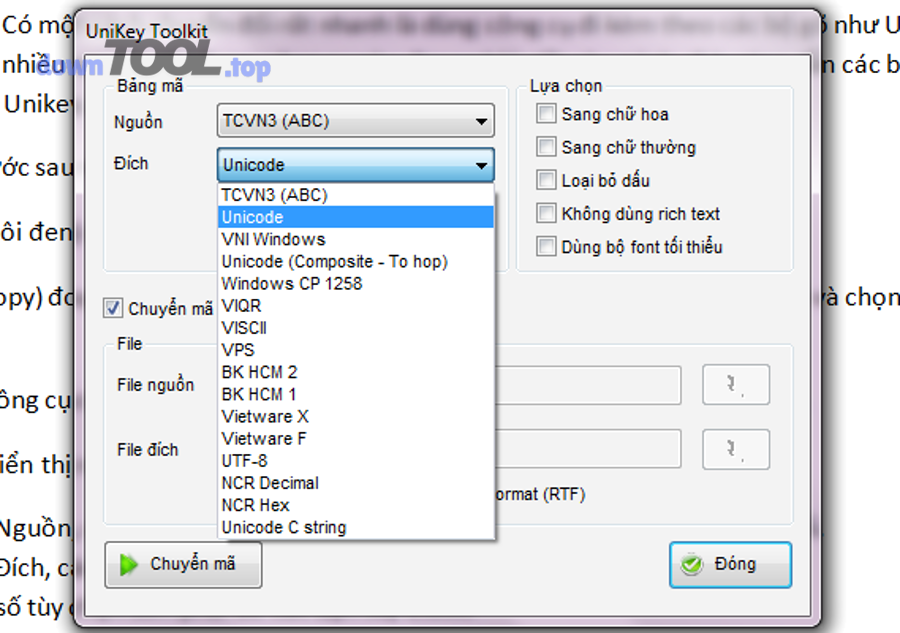 Danh sách bảng mã trong UniKey Toolkit - chọn Nguồn VNI Windows và Đích Unicode