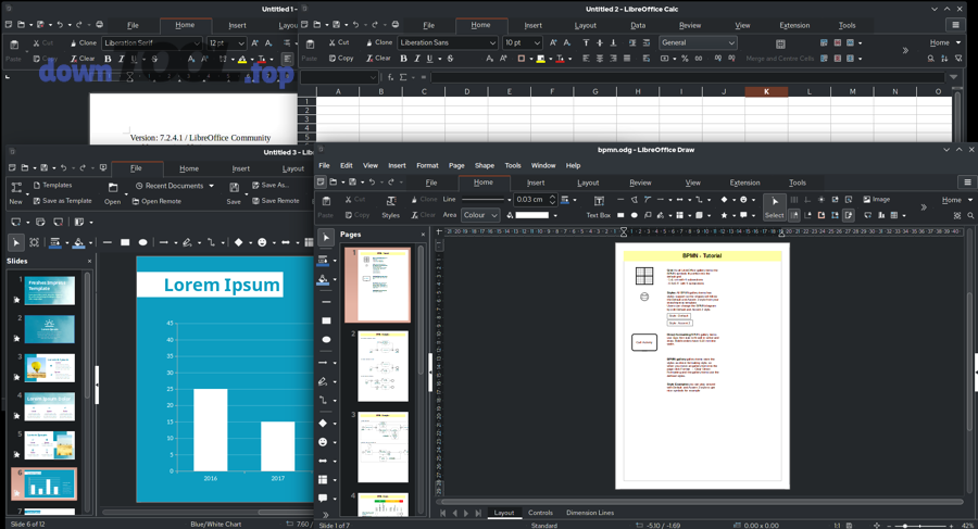 Giao diện các ứng dụng Writer Calc Impress Draw của LibreOffice trên Linux