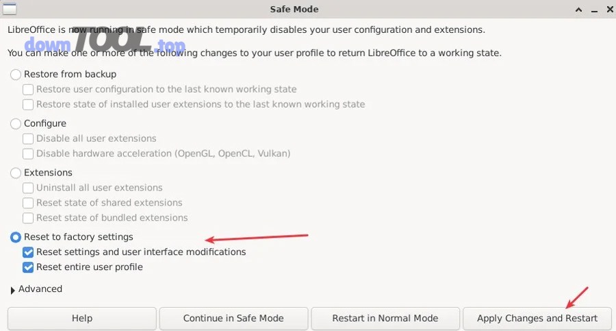 Hộp thoại LibreOffice Safe Mode cho phép tắt tăng tốc phần cứng và reset user profile