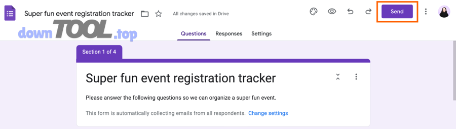 Nút Send trong Google Forms để xuất bản và chia sẻ biểu mẫu