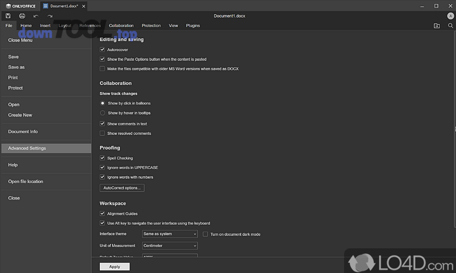 Giao diện ONLYOFFICE Desktop Editors trên Windows với tài liệu DOCX và các tuỳ chọn chỉnh sửa