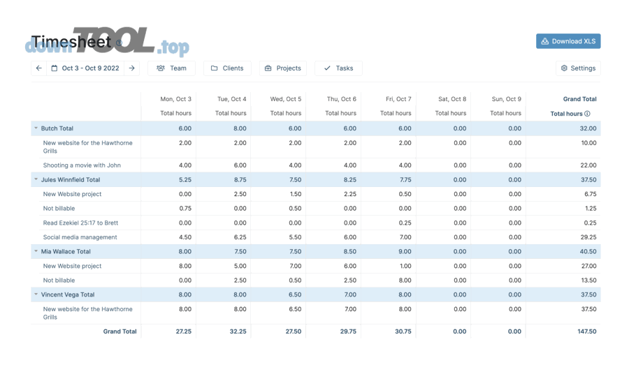 Báo cáo timesheet theo dự án/nhân sự minh họa cho xuất report giờ công