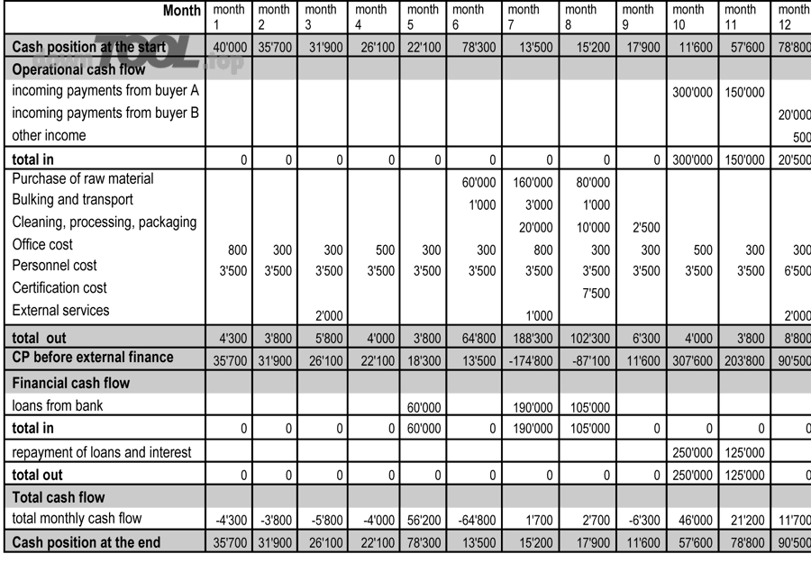 Bảng ví dụ tính dòng tiền theo tháng để theo dõi thu chi và số dư quỹ