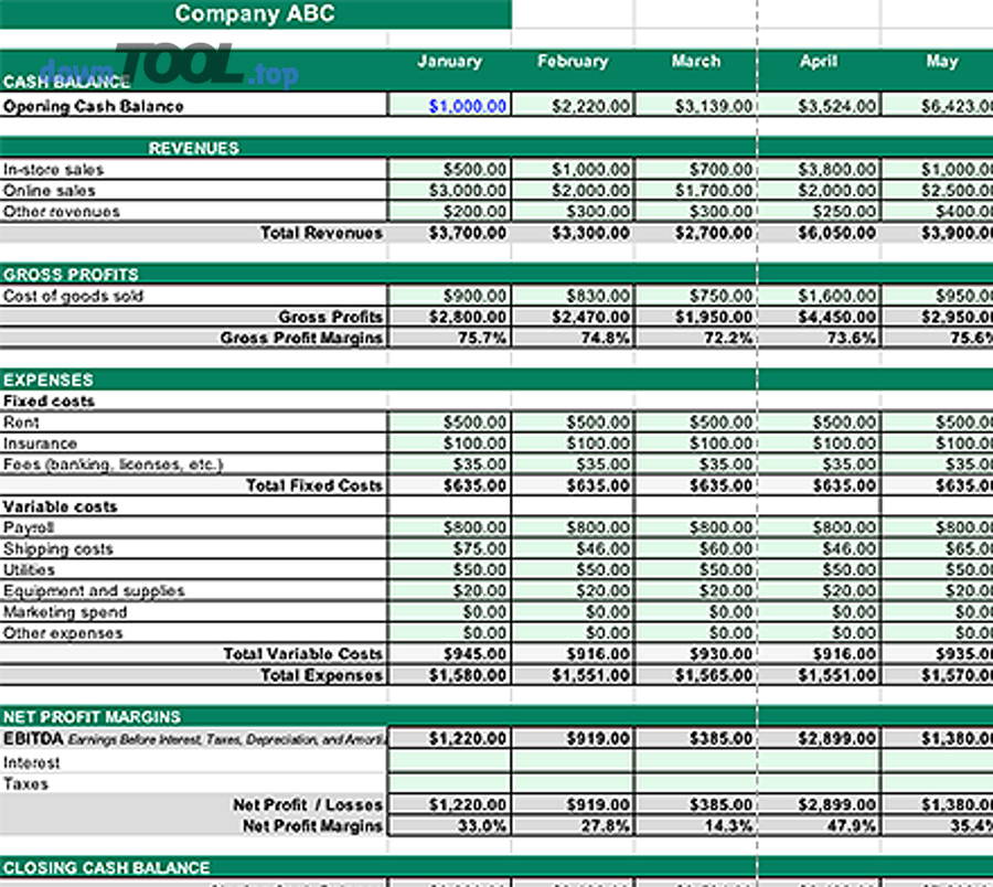 Ví dụ mẫu cash flow projection dạng Excel Sheet