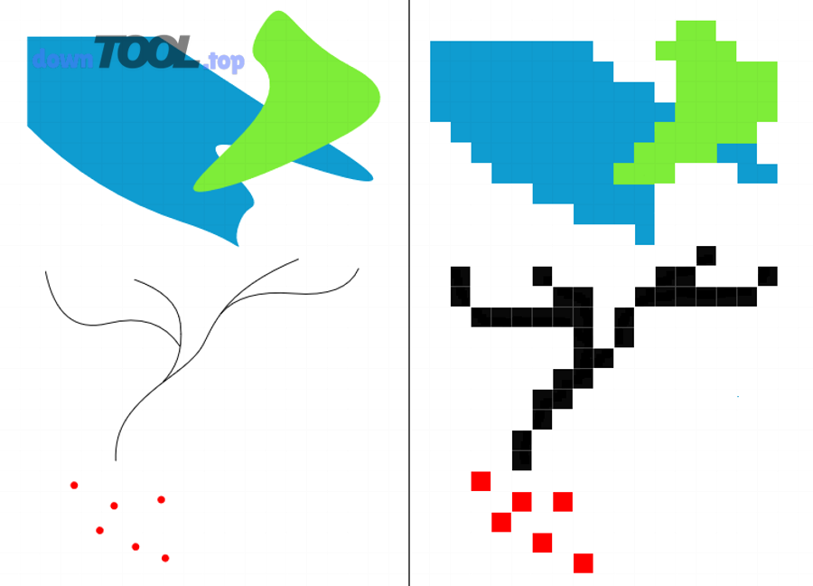 Minh họa vector vs raster: vector giữ nét, raster phụ thuộc pixel