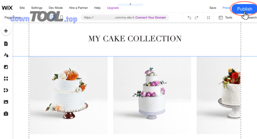 Giao diện kéo thả trong Wix Editor minh hoạ thao tác Publish
