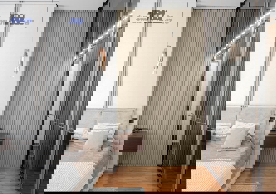 Phòng ngủ hiện đại: ví dụ để so sánh tác động của 2D (bố trí) và 3D (vật liệu/ánh sáng)