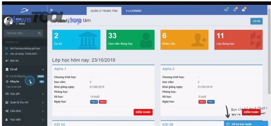 Giao diện minh họa dashboard quản lý lớp học và học viên cho trung tâm ngoại ngữ