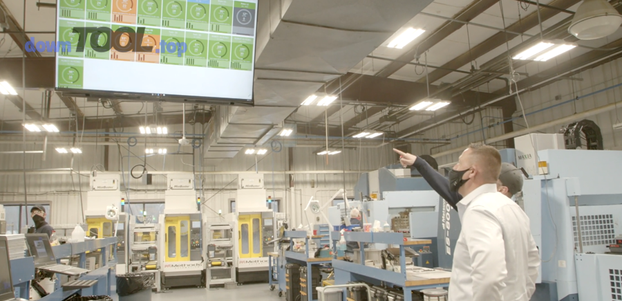 Môi trường nhà máy với bảng điều khiển sản xuất và dữ liệu vận hành