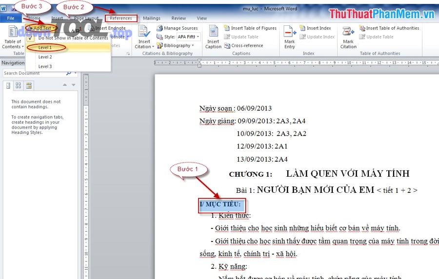 tài liệu có cấu trúc heading để tạo mục lục tự động trong Word