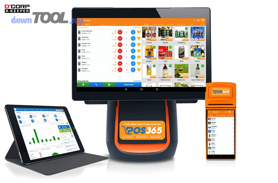 Giao diện order trên tablet với menu có size và topping cho quán cafe