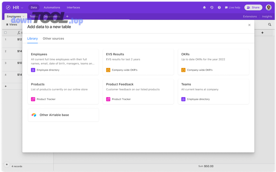 giao diện Airtable dạng bảng tính database lai để quản lý dữ liệu